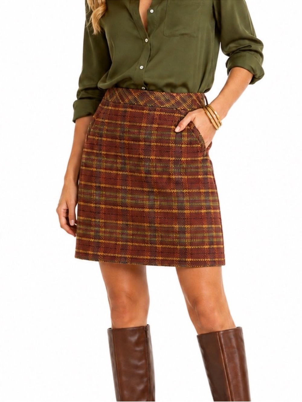 Talbots wool-blend tweed plaid mini A-line skirt